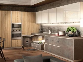 Кухні під бетон (33 фото): вибір кухонного гарнітура з фасадами світлого і темного сірого бетонного кольору, приклади в інтер’єрі