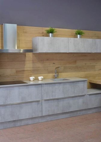 Кухні під бетон (33 фото): вибір кухонного гарнітура з фасадами світлого і темного сірого бетонного кольору, приклади в інтер’єрі