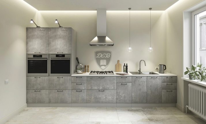 Кухні під бетон (33 фото): вибір кухонного гарнітура з фасадами світлого і темного сірого бетонного кольору, приклади в інтер’єрі