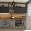 Кухні під бетон (33 фото): вибір кухонного гарнітура з фасадами світлого і темного сірого бетонного кольору, приклади в інтер’єрі