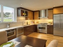 Кухня під дерево в сучасному стилі (27 фото): дизайн кутових і прямих кухонних гарнітурів під дерево в сучасному стилі в інтер’єрі