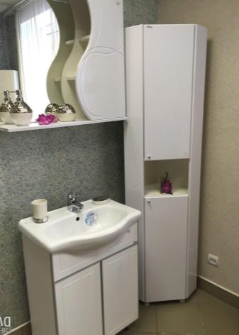 Кутові шафи у ванну кімнату (55 фото): пластиковий й інші різновиди. Рожевий і інші забарвлення. Поради щодо вибору