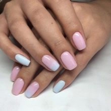 Манікюр в рожевому та білому кольорі (54 фото): ніжний дизайн нігтів омбре на напівпрозорий білому лаку, яскраві варіанти з малюнками