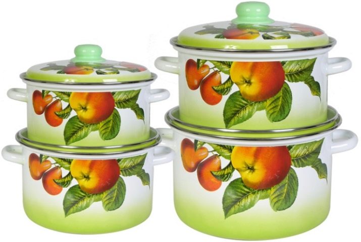 Набори емальованих каструль: опис наборів зі скляною кришкою, з чайником і інших варіантів, правила вибору посуду