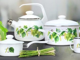 Набори емальованих каструль: опис наборів зі скляною кришкою, з чайником і інших варіантів, правила вибору посуду