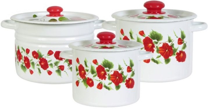 Набори емальованих каструль: опис наборів зі скляною кришкою, з чайником і інших варіантів, правила вибору посуду