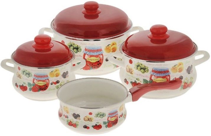 Набори емальованих каструль: опис наборів зі скляною кришкою, з чайником і інших варіантів, правила вибору посуду