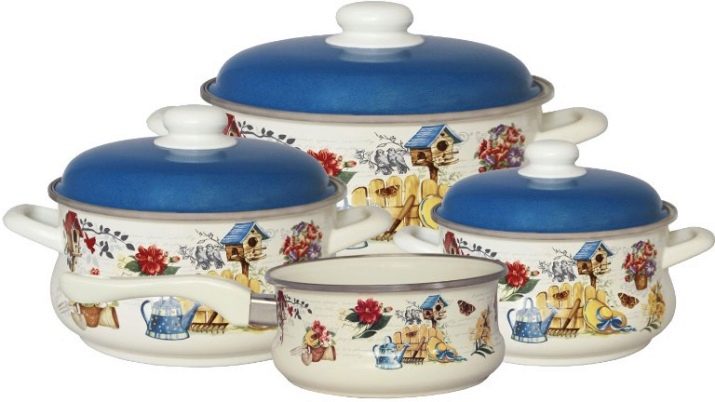 Набори емальованих каструль: опис наборів зі скляною кришкою, з чайником і інших варіантів, правила вибору посуду