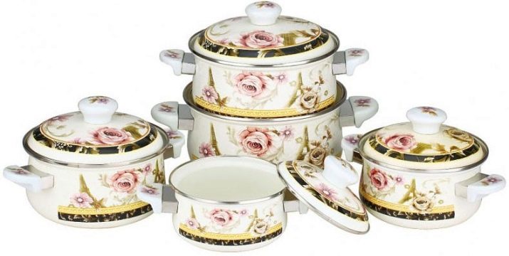 Набори емальованих каструль: опис наборів зі скляною кришкою, з чайником і інших варіантів, правила вибору посуду