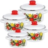 Набори емальованих каструль: опис наборів зі скляною кришкою, з чайником і інших варіантів, правила вибору посуду