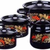 Набори емальованих каструль: опис наборів зі скляною кришкою, з чайником і інших варіантів, правила вибору посуду