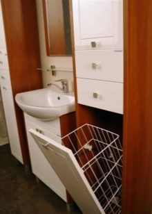 Пенали з кошиком для білизни у ванну кімнату: кутовий, підвісний і підлоговий шафа, 25 см і 35 см, 60 см і інших розмірів