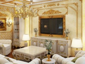 Вітальні в стилі бароко (37 фото): дизайн інтер’єру залів в світлих і темних тонах, приклади красиво оформлених кімнат