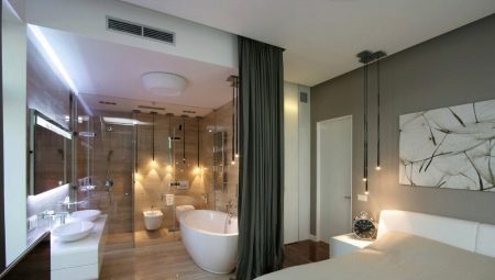 Ванна у спальні (44 фото): варіанти суміщення з санвузлом і душовою кімнатою, дизайн кабіни, планування ванної кімнати поруч з гардеробною