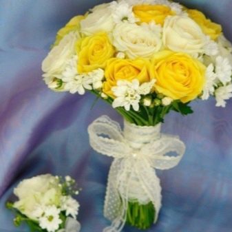Жовтий букет нареченої (42 фото): вибираємо весільні композиції з білими квітами